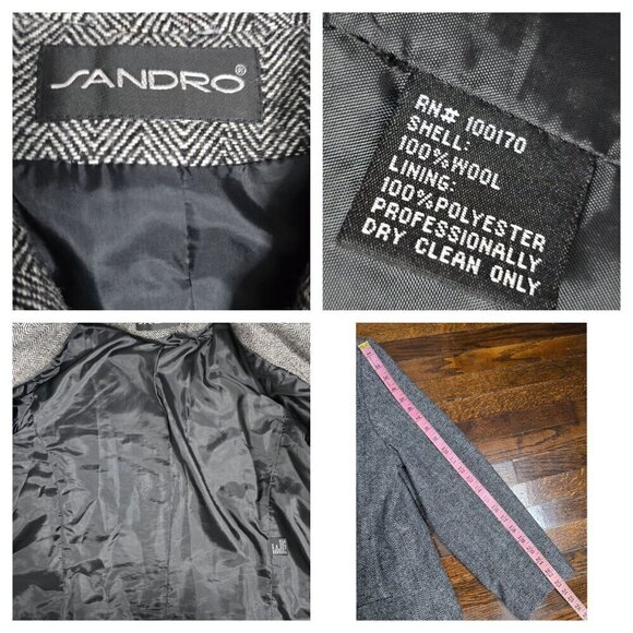 Sandro Black Herringbone Wool Zip Front Classic Blazer - Picture 4 of 12